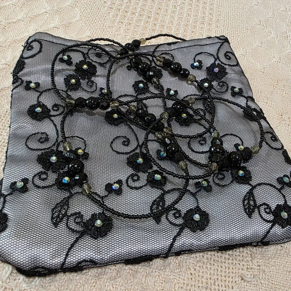 Black Lace Silver Satin Embellished Black Glass Beaded Strap Evening Bag Purse